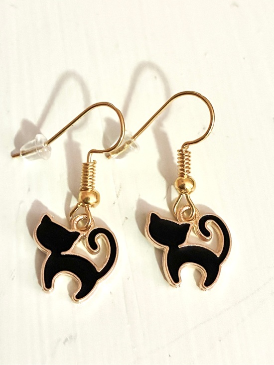 Artisan Crafted Jewelry - Black Cat & Gold 🐈⬛Earrings Cute Cat Silhouette Dangle NEW